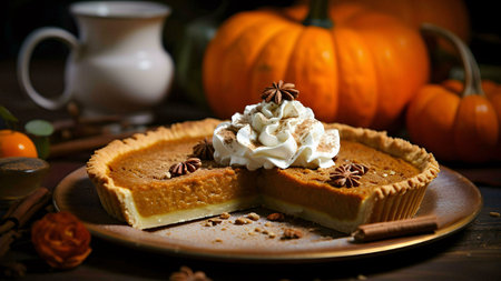 A delectable pumpkin pie, garnished with whipped cream and star anise, sits on a rustic plate. Perfect for Thanksgiving.の写真素材