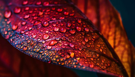 Macro shot of a leaf covered in water droplets, showing autumn colors and textures.