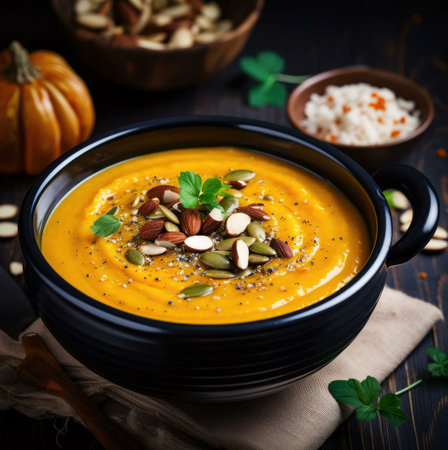 Warm, creamy pumpkin soup topped with almonds and pumpkin seeds. A perfect autumnal recipe.の写真素材