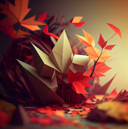 A stunning 3D render of origami autumn leaves. Geometric shapes and warm colors create an autumnal scene.の写真素材