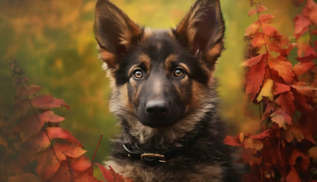 A charming German Shepherd puppy amidst vibrant autumn leaves. A captivating image.の写真素材