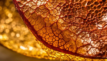 A mesmerizing close-up of a leaf, showing intricately vein details. The golden hues and textures...