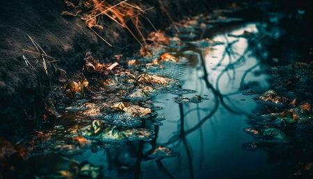 Dark autumnal stream with leaves and reflections. Peaceful, serene atmosphere.の写真素材
