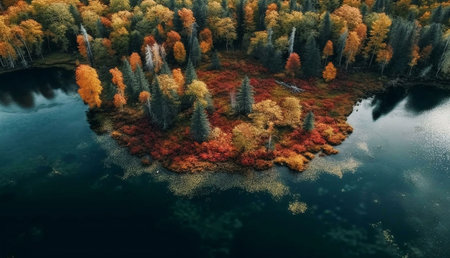 Aerial shot of a serene lake with a vibrant autumnal island. Stunning fall colors reflected in the dark water.の写真素材