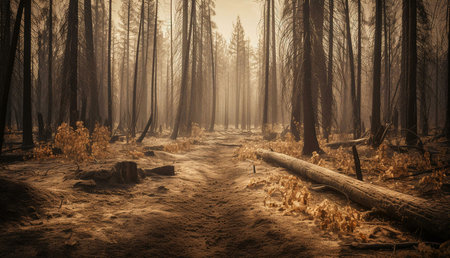 A serene yet somber image of a forest trail after a wildfire. The ash-covered ground and fallen logs create a haunting landscape.の写真素材