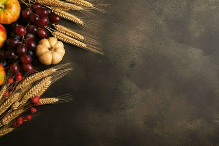 A stunning autumnal still life showcasing a bountiful harvest. Apples, grapes, a pumpkin, and wheat...