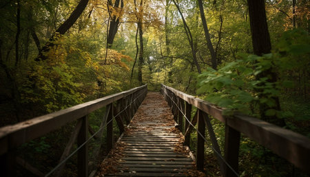 A wooden bridge winds through a captivating autumn forest, leaves carpeting the path. Sunlight...