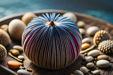 Close-up view of a meticulously crafted orb, resting on a wooden tray among various seashells and...