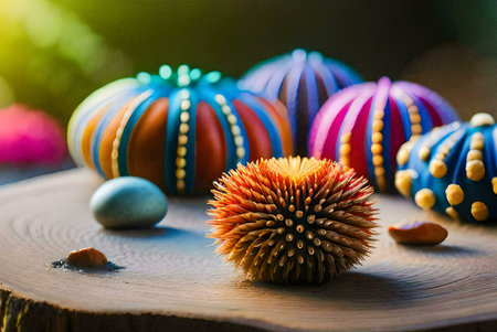 Close-up view of colorful, handcrafted sea urchins and a dried flower on a wooden surface. Autumnal...