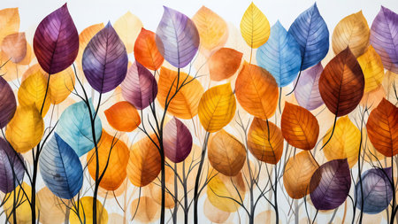 A watercolor painting depicting colorful autumn leaves. Serene and artistic.の写真素材