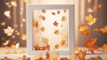 Falling autumn leaves captured within a white frame, creating a serene and peaceful fall scene.の写真素材