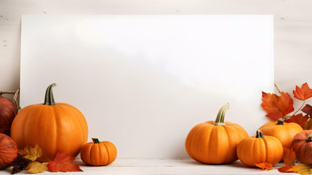 Pumpkins and autumn leaves arranged around a blank white sign. Perfect for Thanksgiving or fall themed designs.の写真素材