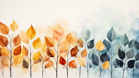 Watercolor painting of autumn leaves gradually changing into winter colors.の写真素材