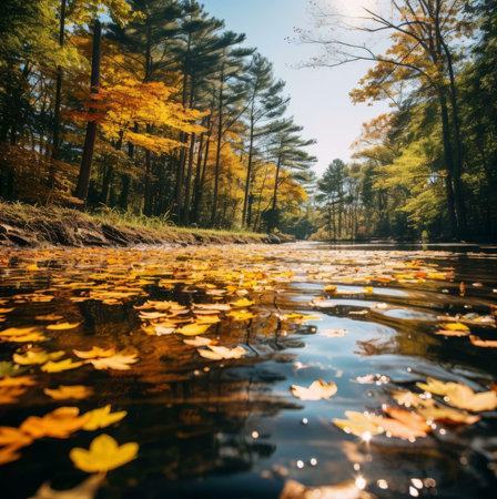A picturesque autumn scene featuring a calm river reflecting vibrant fall foliage. Golden leaves float on the water's surface.の写真素材