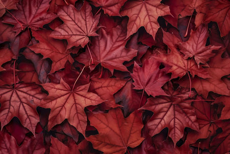 A captivating image showcasing a dense collection of deep red maple leaves, creating a rich autumnal texture. Perfect for fall-themed projects.の写真素材
