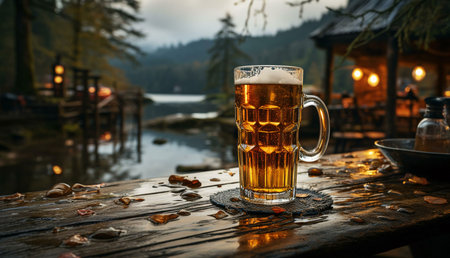A frosty beer mug sits on a wet wooden table overlooking a tranquil lake. Autumn colors surround the serene scene.の写真素材