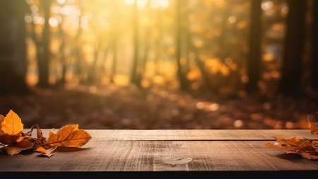 Golden hour in an autumnal forest. A wooden table displays fallen leaves, creating a tranquil scene.の写真素材