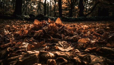 A close-up view of a pile of brown leaves on the forest floor. Autumn colors and natural textures.の写真素材