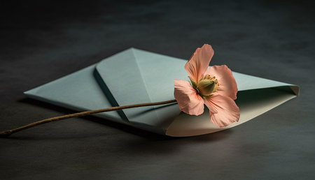 A single, soft pink flower delicately placed on a pale blue envelope. Simple, elegant still life.