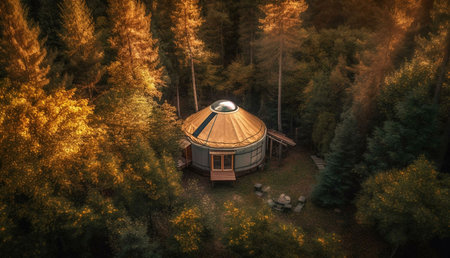 A secluded yurt nestled amongst vibrant autumn foliage. A perfect escape.