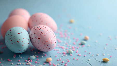 Close up of colorful Easter eggs on a blue background with sprinkles.