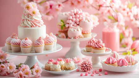 A beautiful display of cupcakes and cake, decorated with pink flowers and sprinkles, perfect for a special occasion.の写真素材