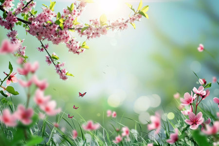 A vibrant springtime meadow with a pink cherry blossom tree, blooming flowers and a few butterflies flitting by.の写真素材