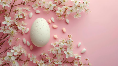 A white Easter egg decorated with cherry blossoms on a pink background