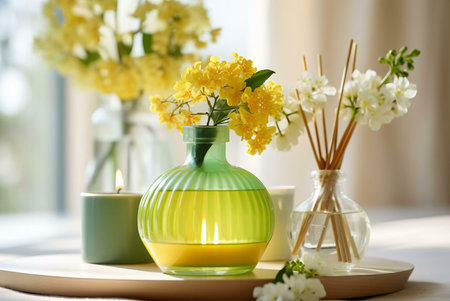 A close-up image of yellow flowers in a glass vase on a table, along with a white candle and a reed...