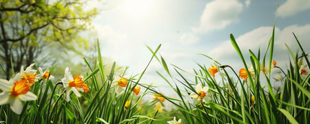 Close-up view of a meadow filled with blooming daffodils on a sunny spring day.の写真素材