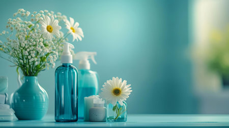 White flowers arranged with blue spa products against a blue background.の写真素材