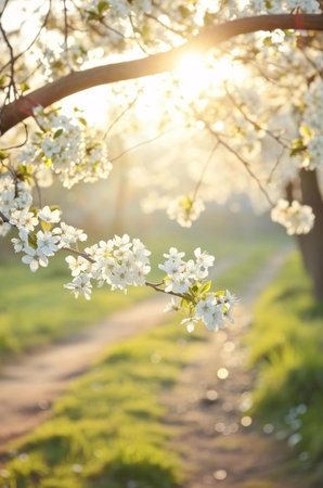 A close-up shot of white blossoms on a tree branch, illuminated by the warm glow of the sun. The...