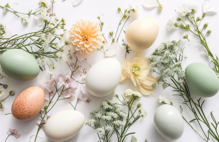 A flat lay of colorful Easter eggs surrounded by delicate spring flowers on a white background.