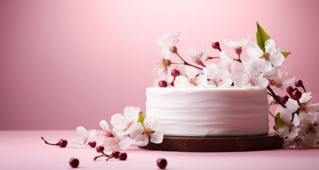 A white cake decorated with delicate cherry blossoms, symbolizing spring and new beginnings.
