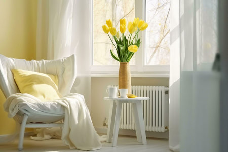 A white chair with a yellow cushion, a blanket, and a vase of yellow tulips sits by a window in a bright living room. The room is decorated with minimalist style and has a cozy and comfortable atmosphere.の写真素材
