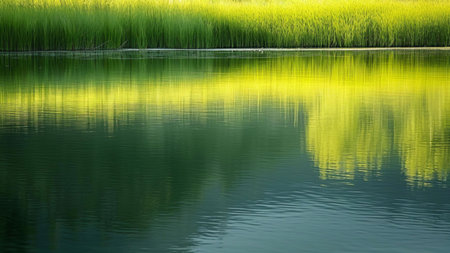 A serene lake with a reflection of green grass, displaying the tranquility of nature.の写真素材