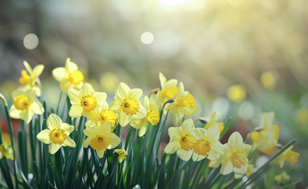 A vibrant field of yellow daffodils bask in the warm sunlight. The delicate petals and green foliage create a beautiful spring scene.の写真素材