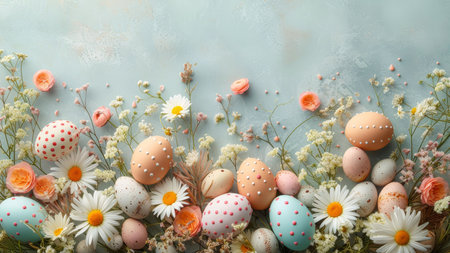 A beautiful arrangement of pastel colored Easter eggs decorated with white and pink flowers on a...