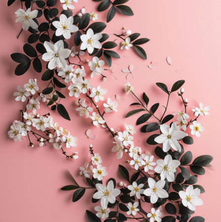 A delicate arrangement of white blossoms with green leaves on a soft pink background.