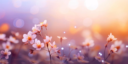 Soft pink blossoms bathed in warm golden light. A delicate and peaceful scene with a gentle,...