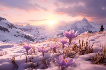 A stunning photograph of a snowy mountain landscape with purple wildflowers in the foreground, a...