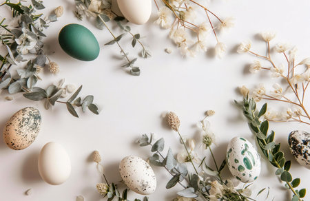 A flat lay showcasing Easter eggs decorated with green and white designs, surrounded by eucalyptus branches and delicate white flowers on a white background. The arrangement creates a festive and spring-like atmosphere.の写真素材