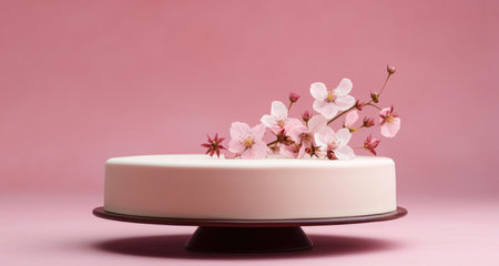 A simple white cake with a delicate arrangement of cherry blossoms on top. The flowers add a touch...