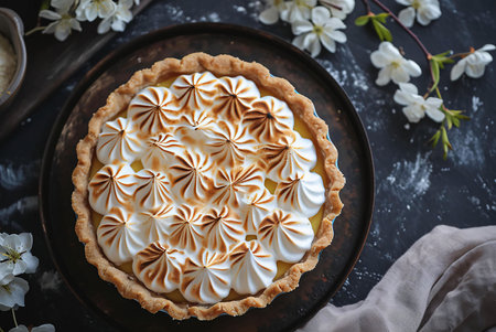A freshly baked lemon meringue pie with a golden crust and fluffy toasted meringue topping.の写真素材