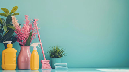 A still life featuring cleaning products, a broom, plants and a blue wall. The colors and style...