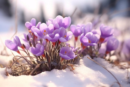 A close-up shot of purple crocuses blooming in the snow, showing the beauty of spring's arrival.の写真素材