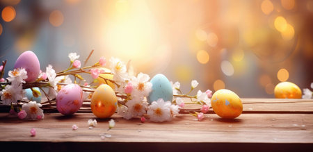 A close-up shot of painted Easter eggs nestled amongst delicate spring blossoms on a rustic wooden table. The image radiates with a joyful and celebratory atmosphere, perfect for the Easter season.の写真素材