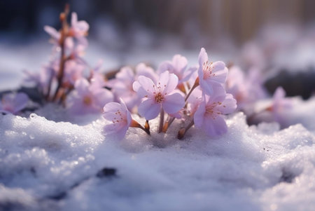 Delicate pink cherry blossoms emerge from a bed of fresh snow, symbolizing the arrival of spring.の写真素材
