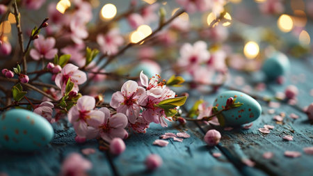 A beautiful composition of pink cherry blossoms and blue Easter eggs on a wooden table with a festive background.の写真素材