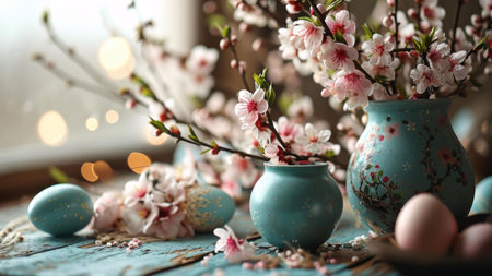 A delicate still life featuring cherry blossoms in blue vases and painted Easter eggs. The warm lighting and pastel colors create a joyful atmosphere, perfect for the spring holiday.の写真素材